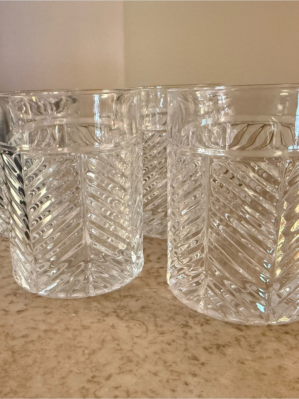 Ralph Lauren Clear Textured Glass Tumblers - Chevron Cut Pattern Drink Glasses
